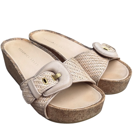 Veronica Beard Shoes - Veronica Beard Beige Woven Slides Wedge Heel Buckle